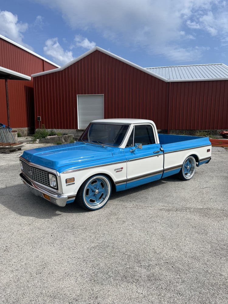 Vogue 245/45R20 White/Blue tires on a 1972 Chevrolet C10