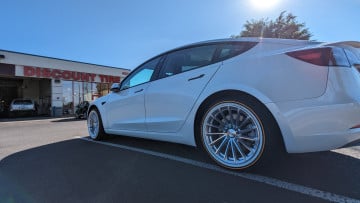 Vogue 235/45R18 White/Gold tires on a 2022 TESLA MODEL 3